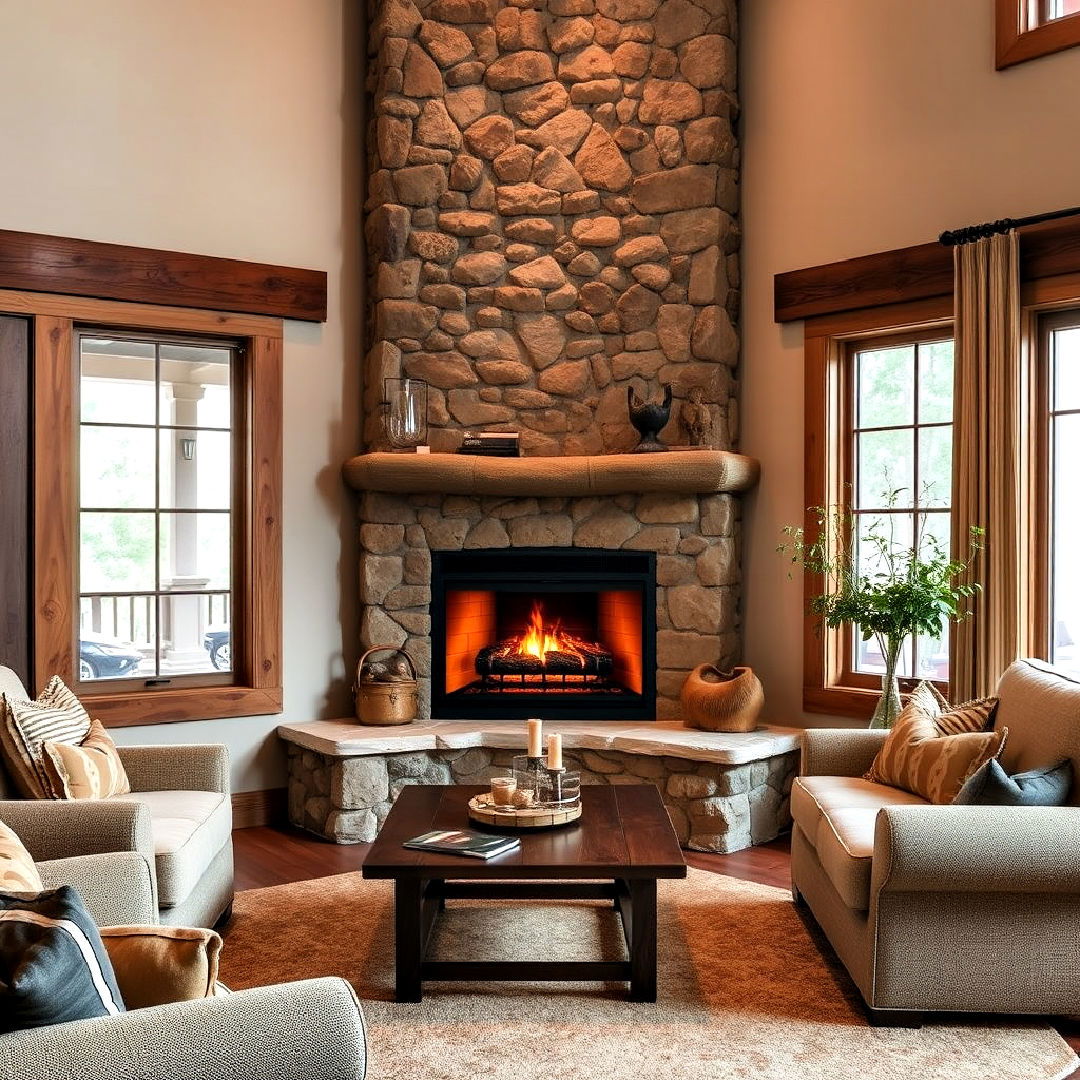 rustic stone corner gas fireplace design