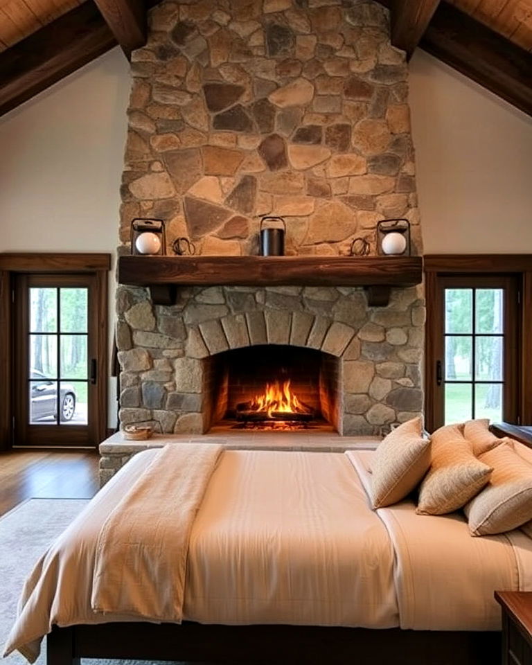 rustic stone fireplace for bedroom