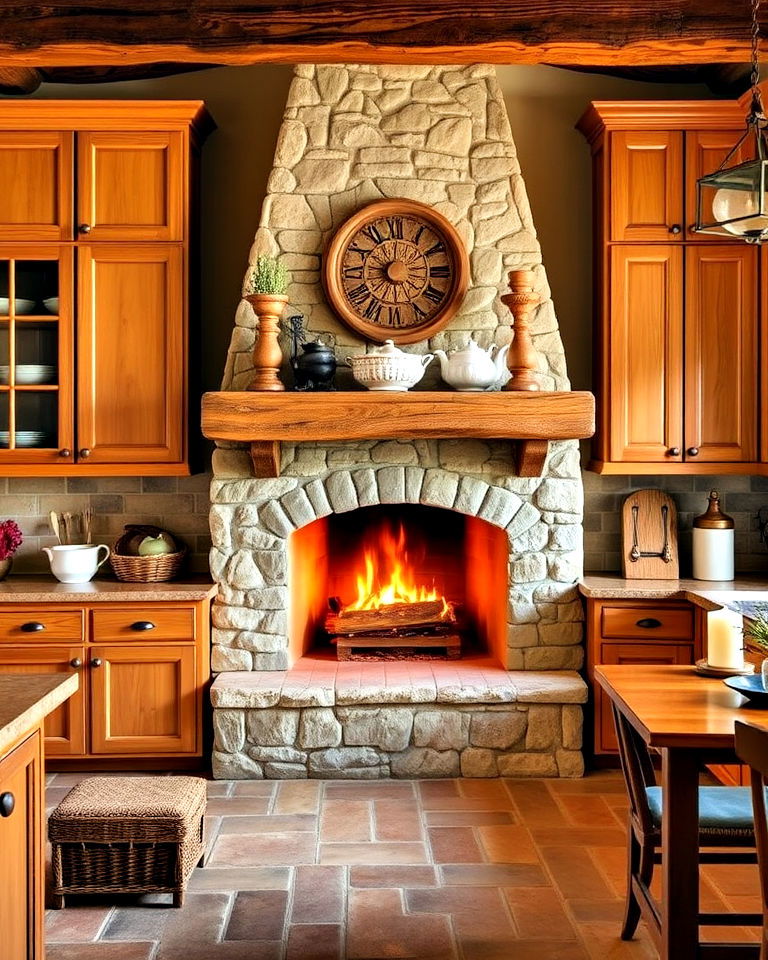 rustic stone fireplace in a country kitchen