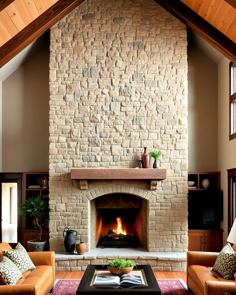 rustic stone fireplace in a vaulted ceiling living room