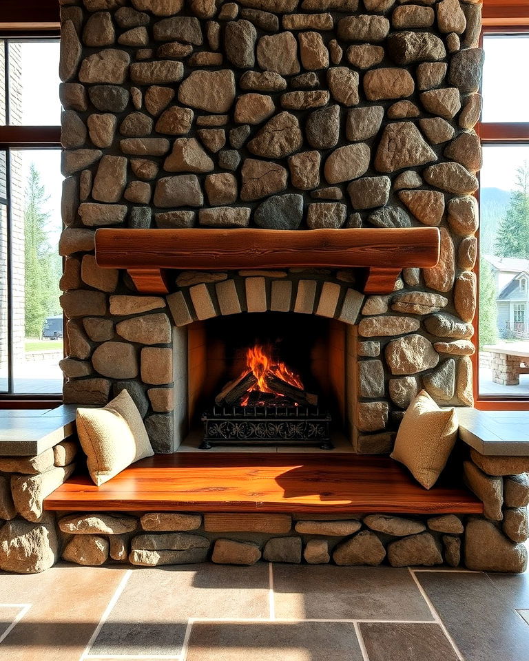 rustic stone fireplace with bench seating