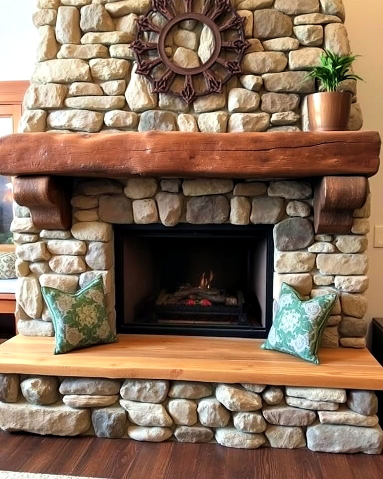 rustic stone fireplace with bench seating