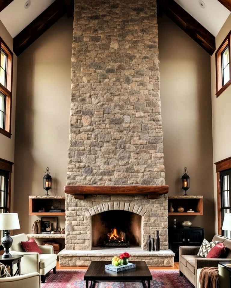 rustic stone fireplace with timber mantel