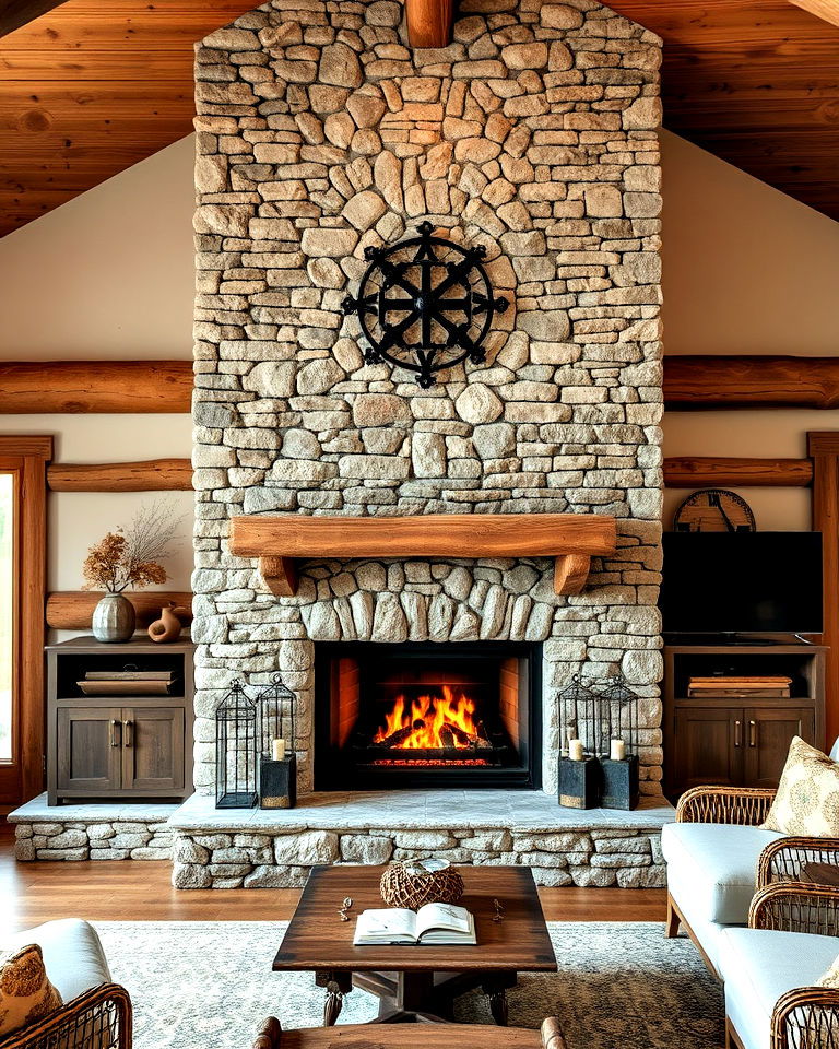 rustic stone fireplace