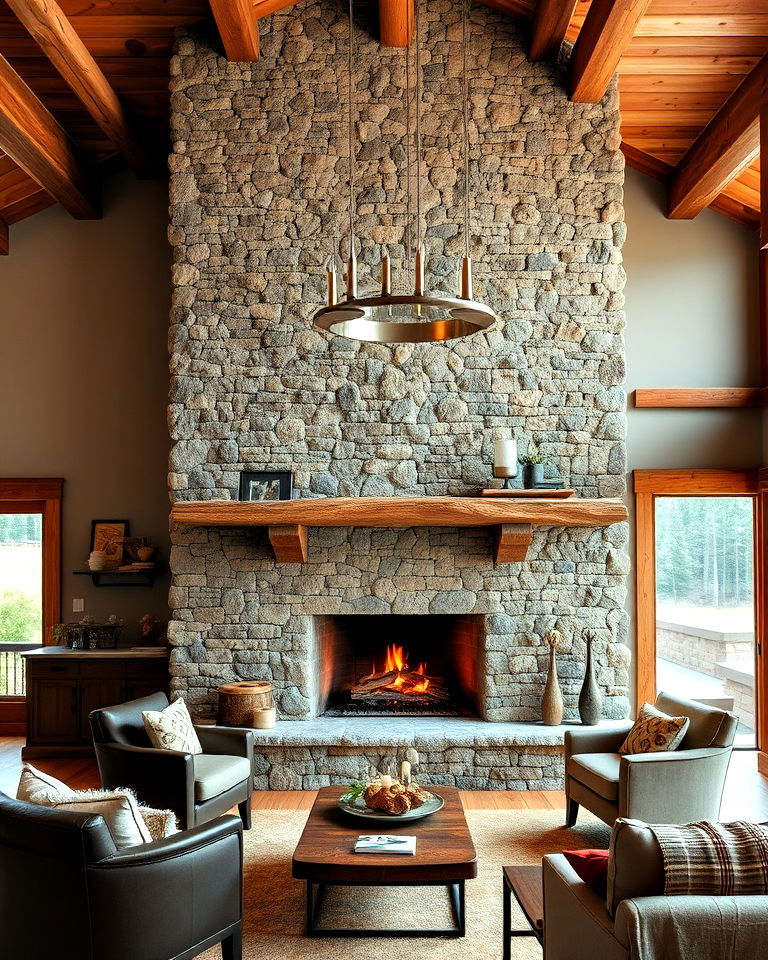 rustic stone floor to ceiling fireplace