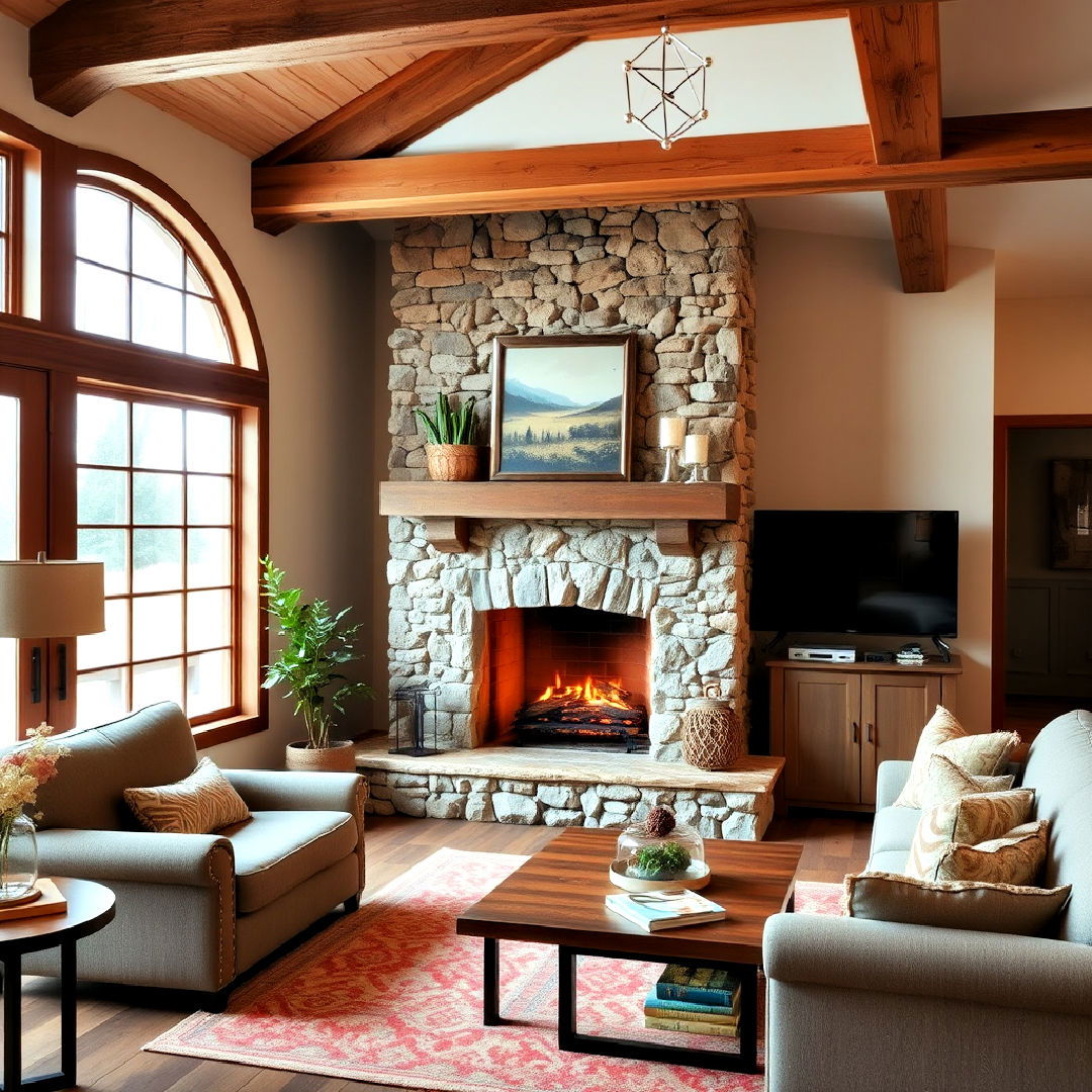 rustic stone off center fireplace to add charm