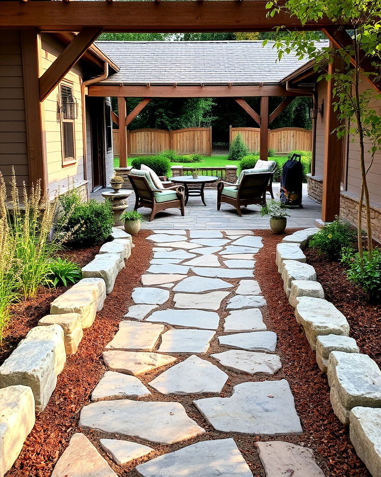 rustic stone pathway leading to a patio