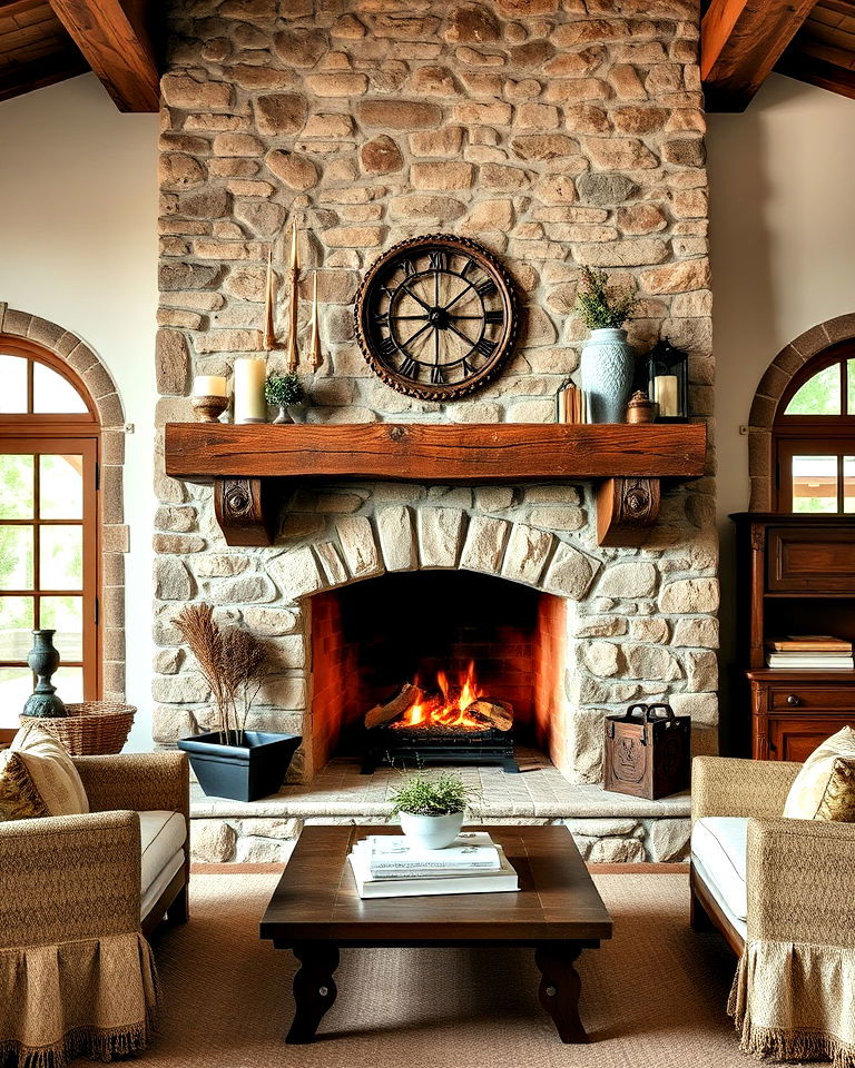 rustic stone surround fireplace