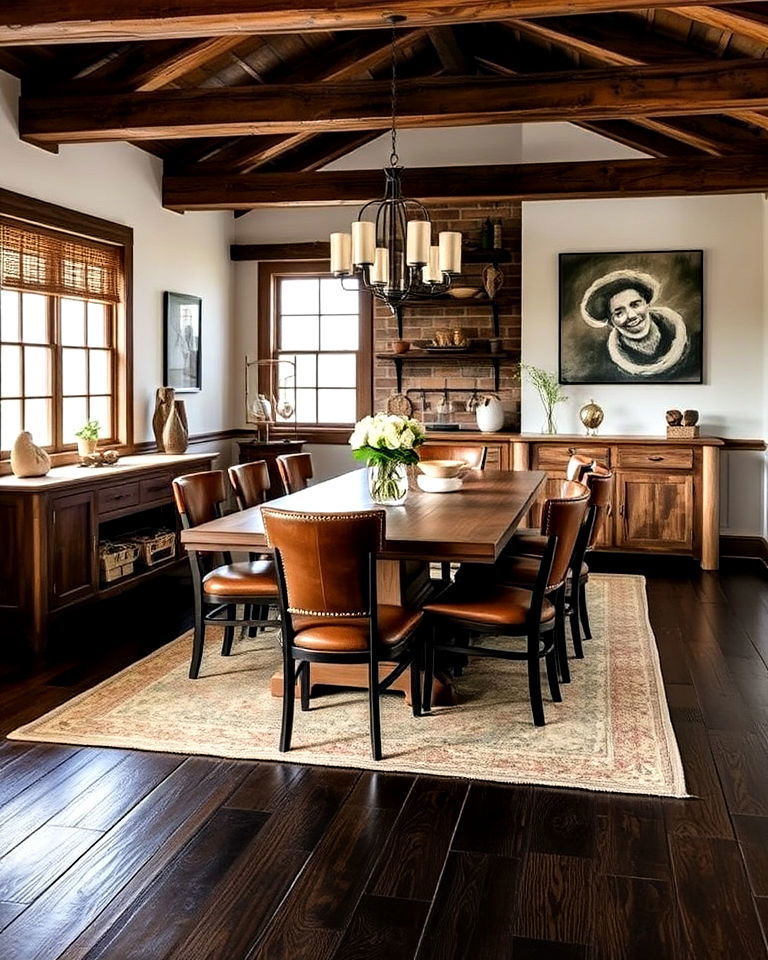 rustic style dining room with dark wood floor