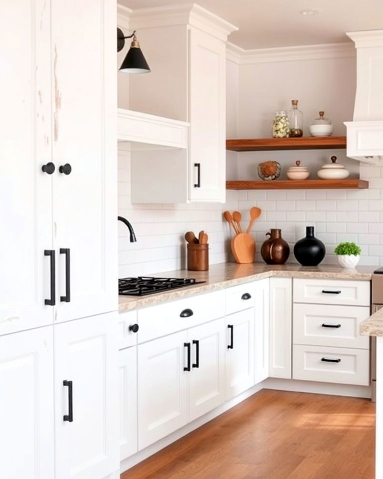 rustic white cabinetry with black hardware