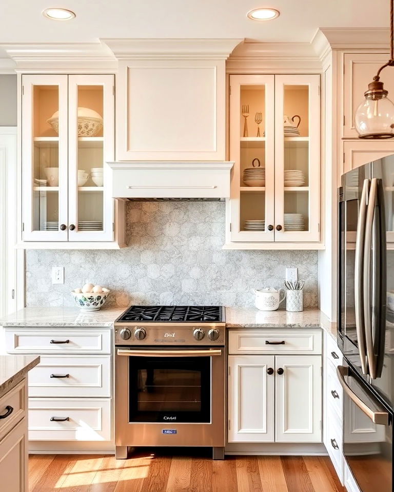 rustic white cabinets with glass inserts