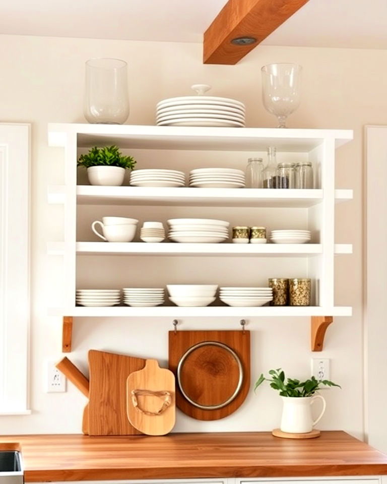 rustic white open shelves with wood brackets