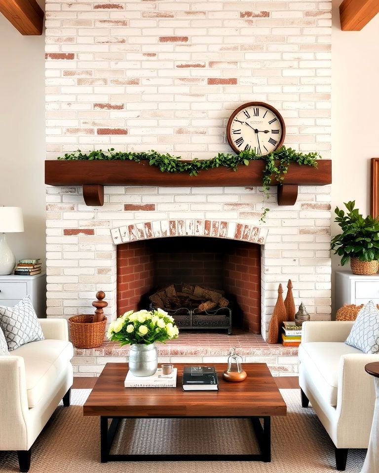 rustic whitewashed brick fireplace