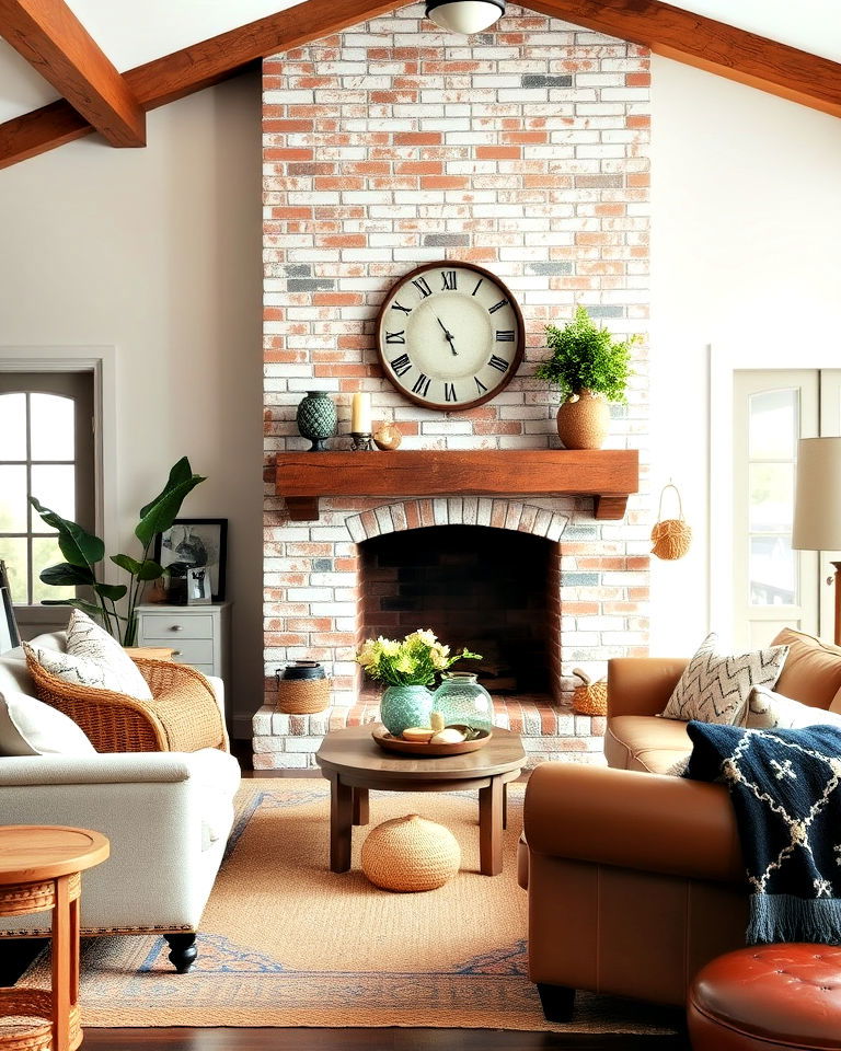 rustic whitewashed brick fireplace