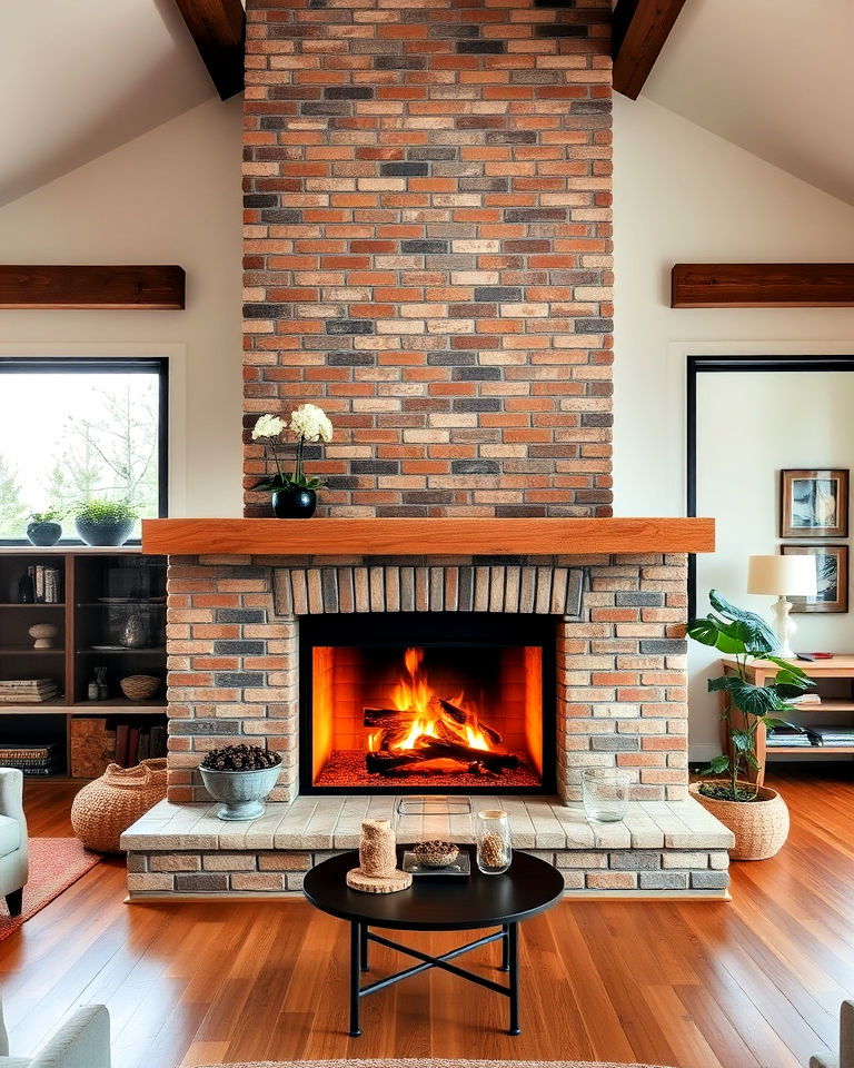 rustic wood burning floor to ceiling fireplace