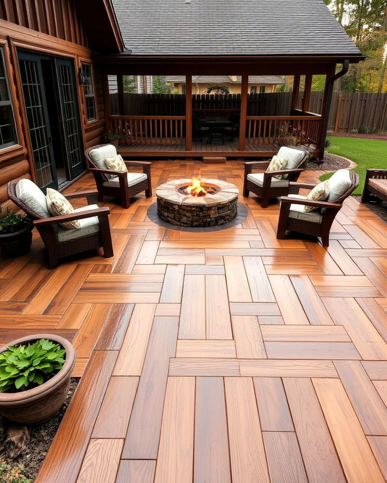rustic wood plank stamped concrete with a sunken fire pit