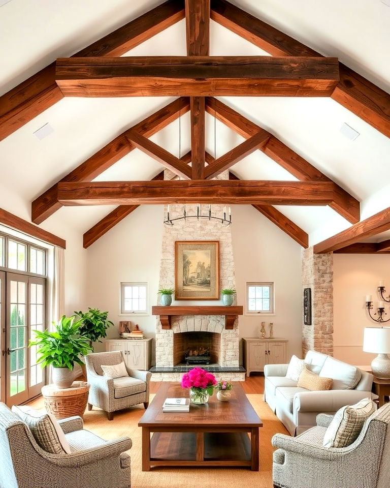 rustic wooden beams living room