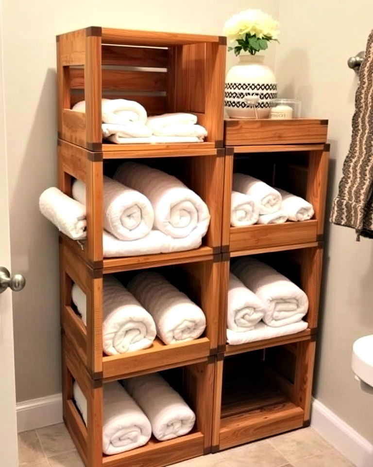 rustic wooden crate bathroom towel storage