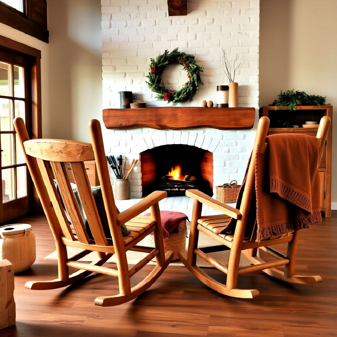 rustic wooden rocking chairs for fireplace