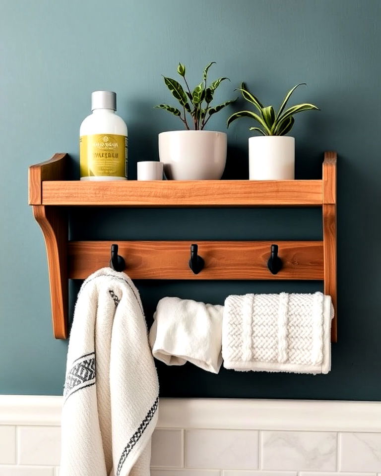 rustic wooden shelf with hooks for towels and decor