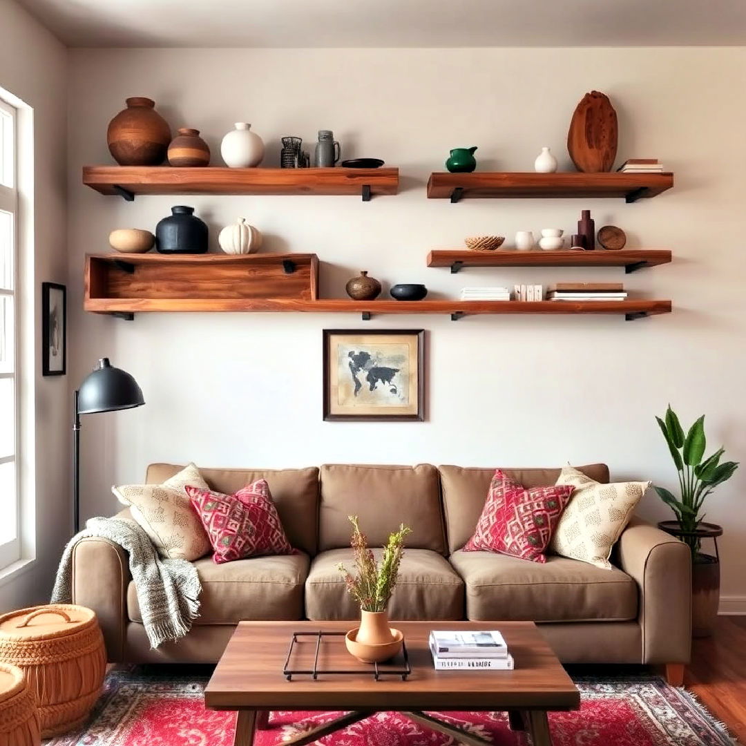 rustic wooden shelves in living room