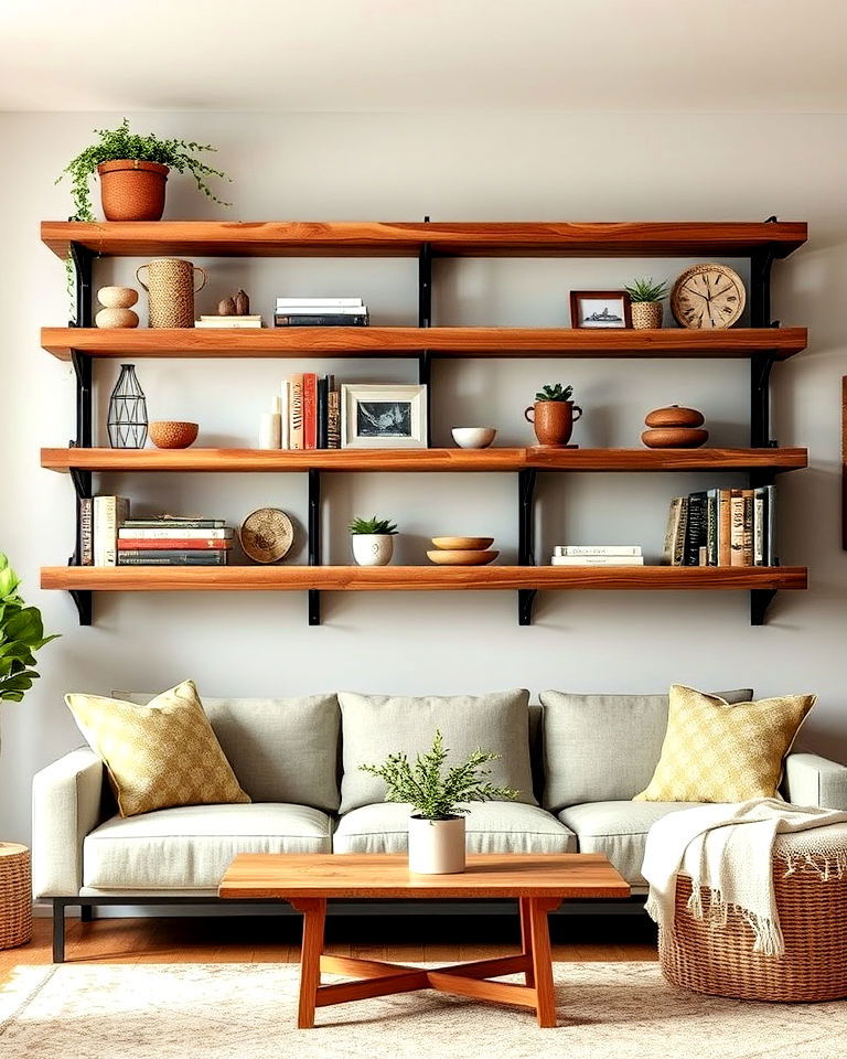 rustic wooden shelves to add character