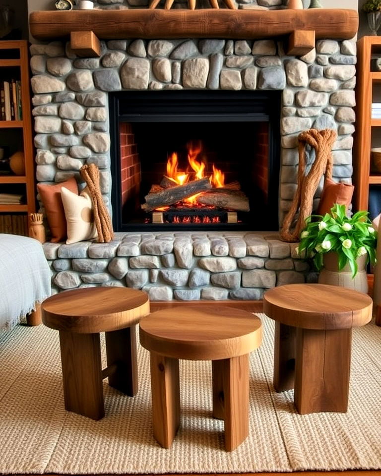 rustic wooden stools for natural fireplace seating