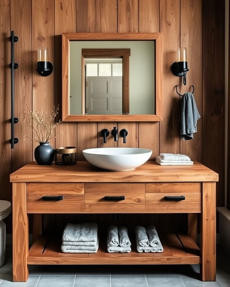 rustic wooden vanity with vessel sink