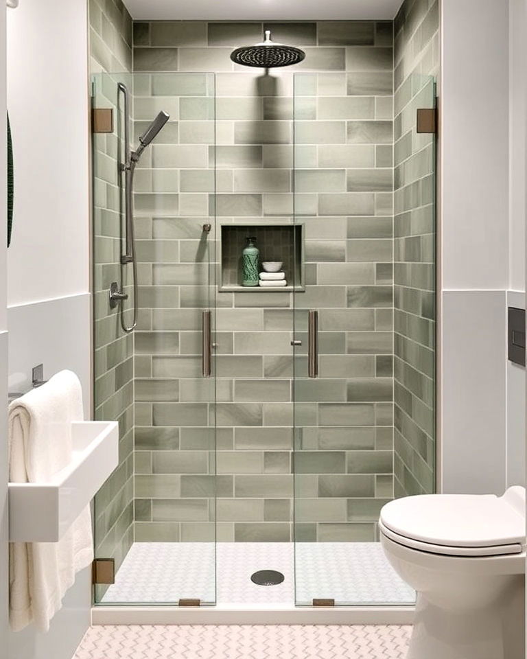 sage green accent tiles for small bathroom