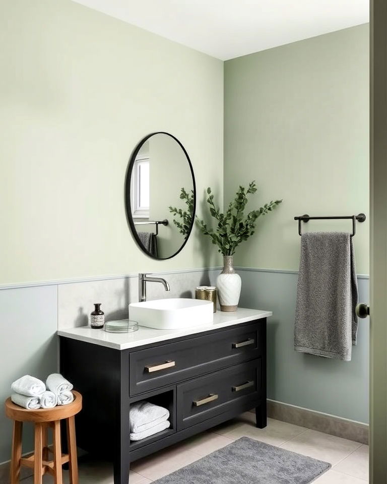 sage green and charcoal accents for bathroom