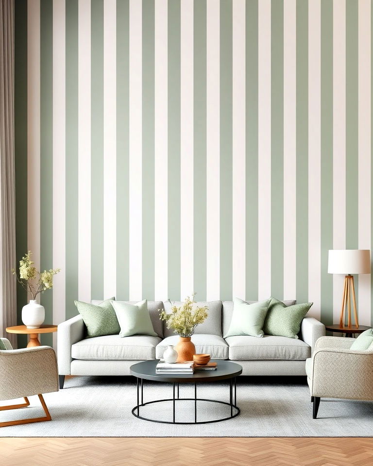 sage green and grey striped wallpaper living room