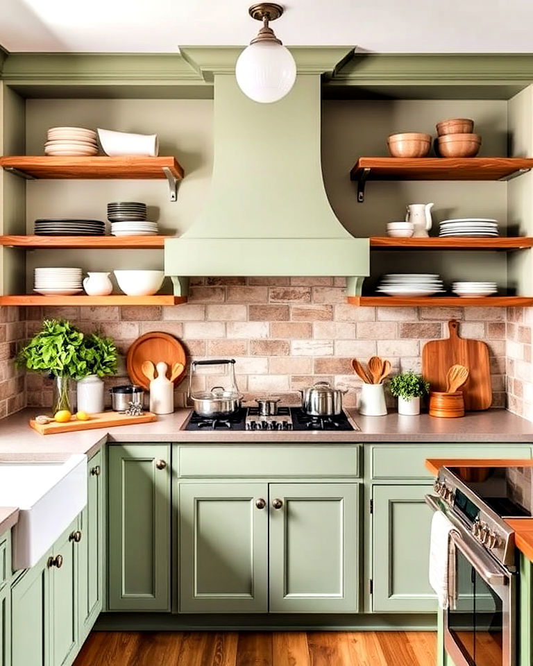 sage green and white tile backsplash for kitchen