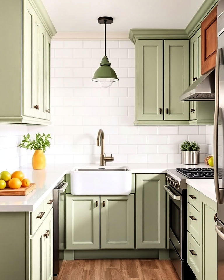 sage green and white tile backsplash for kitchen