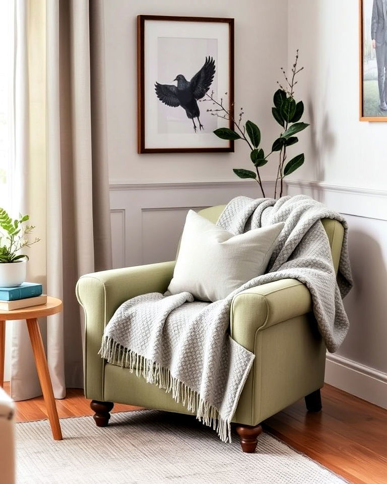 sage green armchair with grey throw blanket