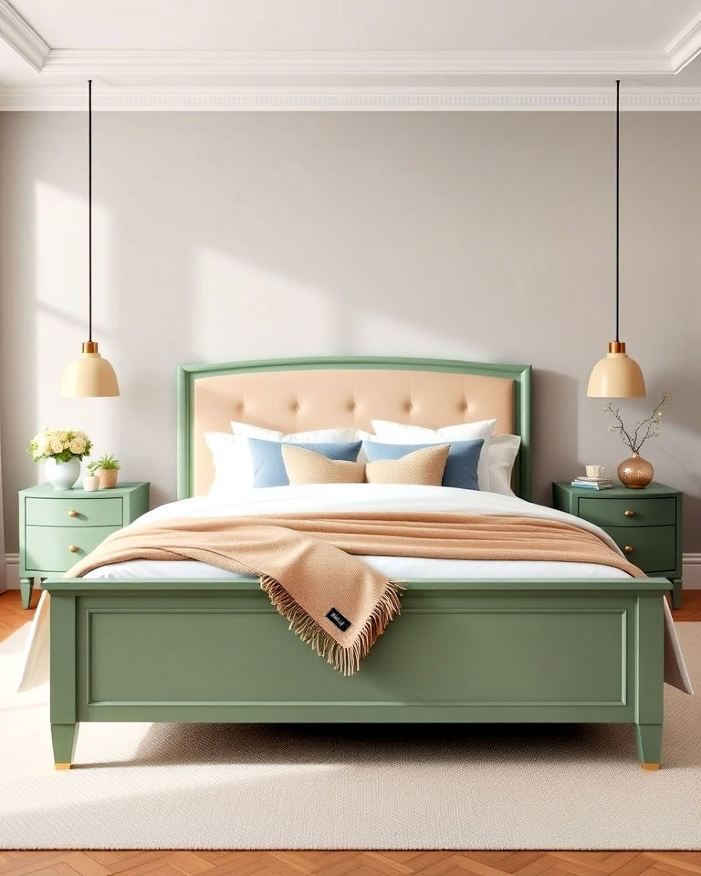 sage green bed frame with beige headboard