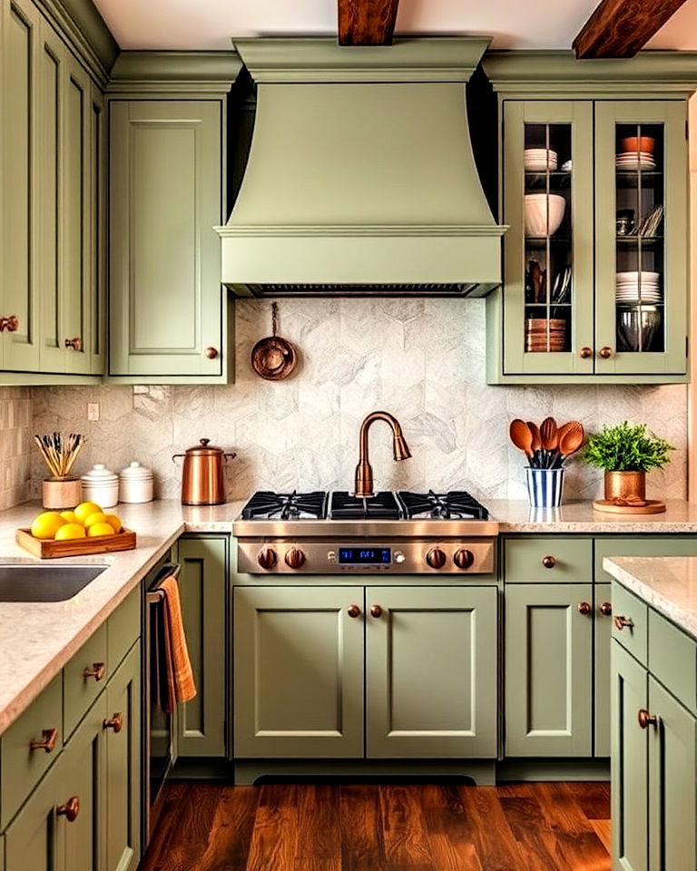sage green cabinets paired with copper accents