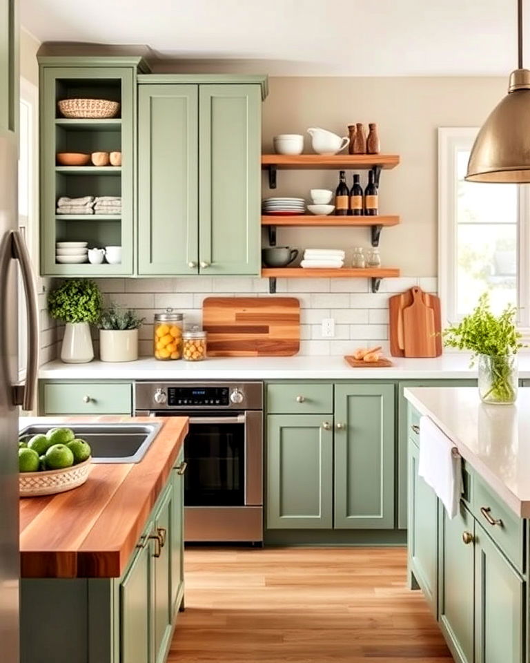 sage green cabinets with butcher block accents