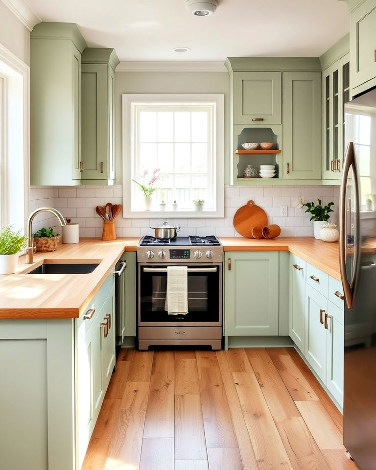 sage green cabinets with light butcher block countertop