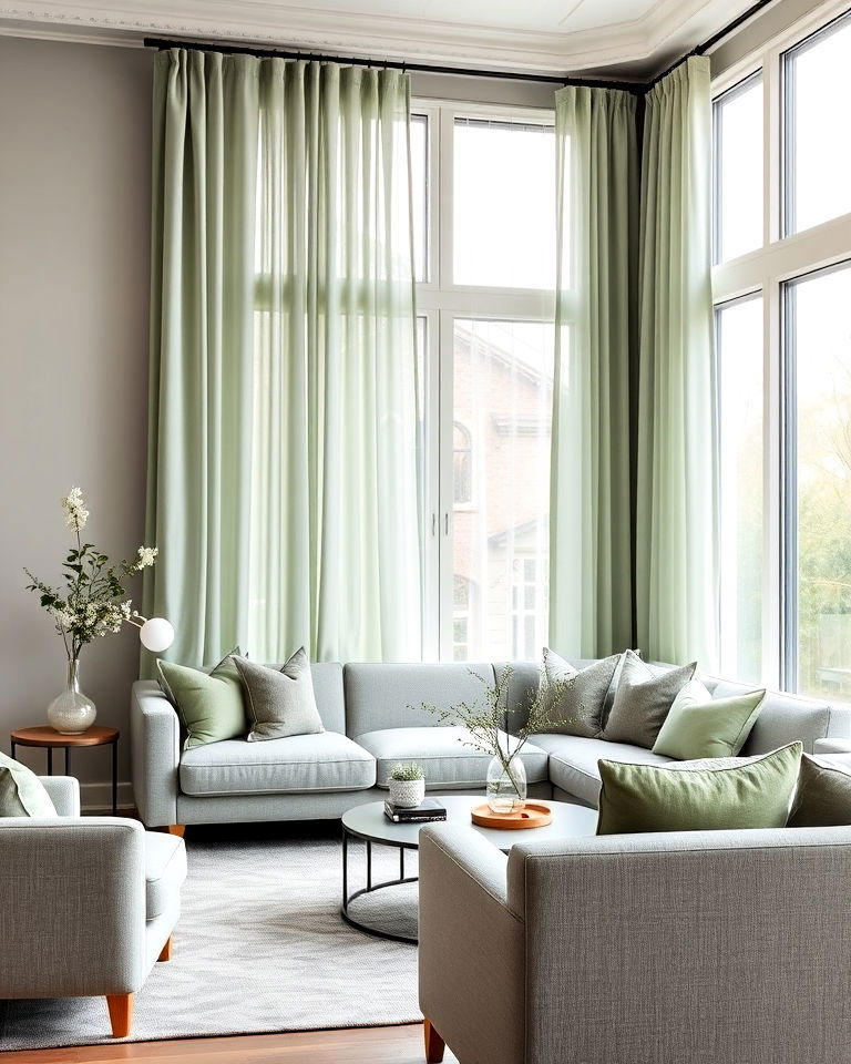 sage green curtains with grey upholstery