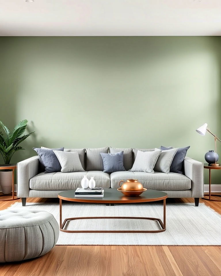 sage green feature wall with grey sofa