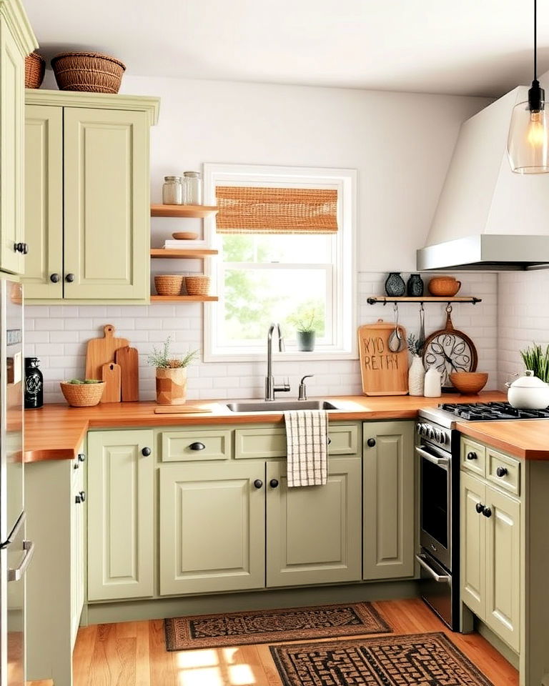 sage green kitche cabinets with wicker or rattan accents
