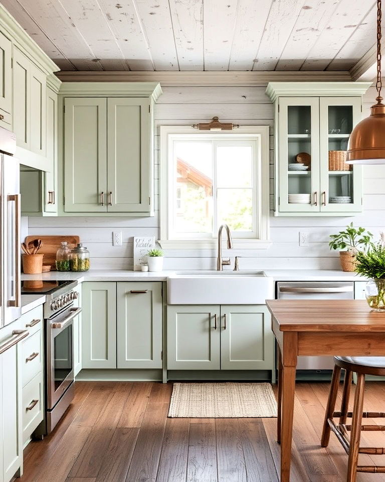 sage green kitchen cabinets combined with whitewashed wood