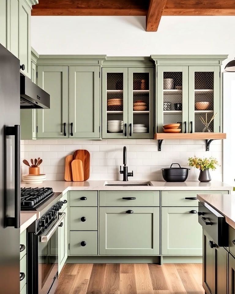 sage green kitchen cabinets paired with black fixtures
