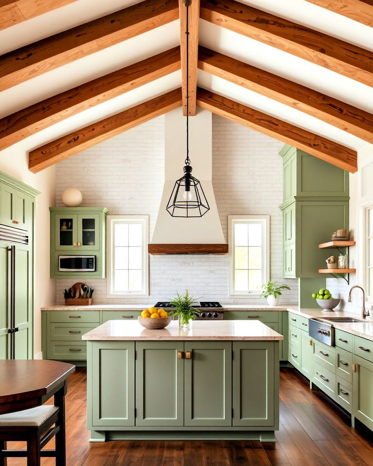 sage green kitchen cabinets paired with open beam ceilings