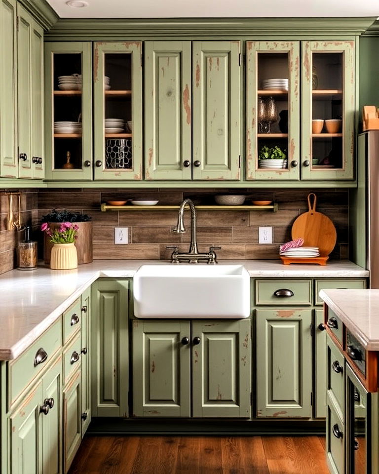 sage green kitchen cabinets with antique finishes