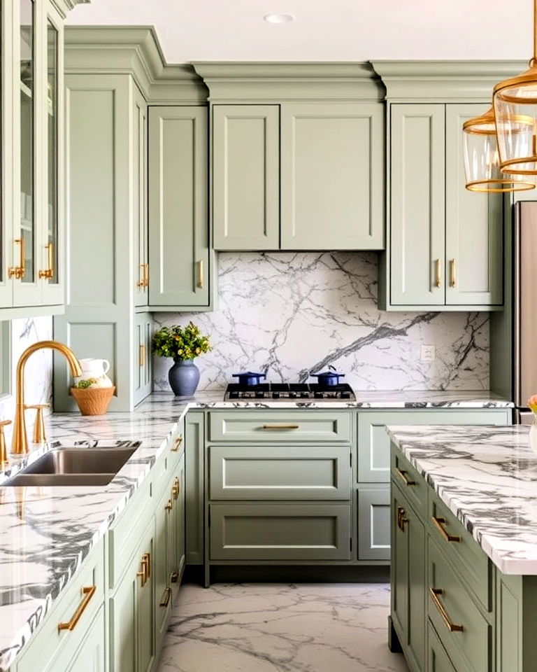 sage green kitchen cabinets with black and white marble countertops
