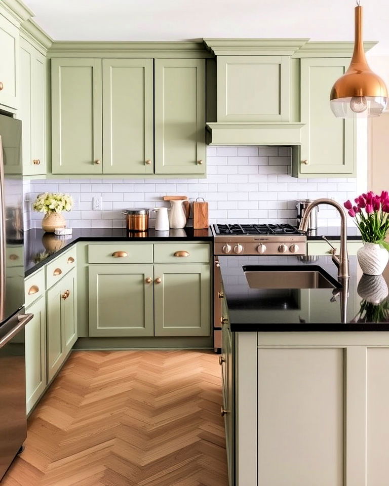 sage green kitchen cabinets with black countertops