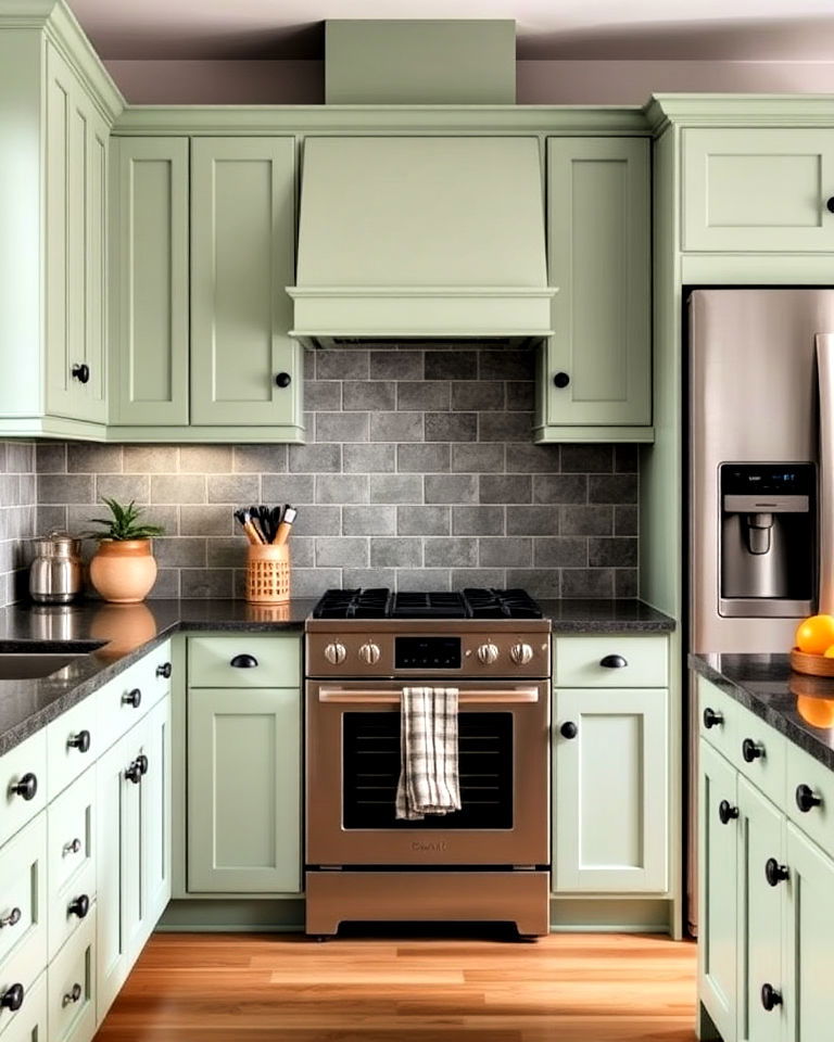 sage green kitchen cabinets with black hardware