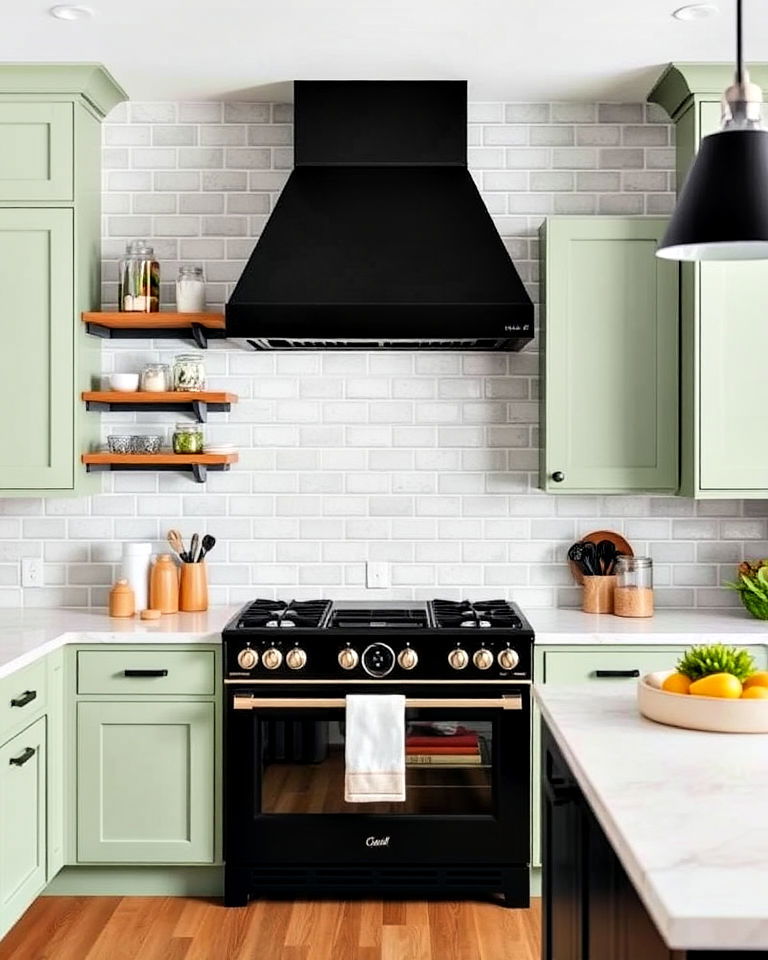 sage green kitchen cabinets with black range hood