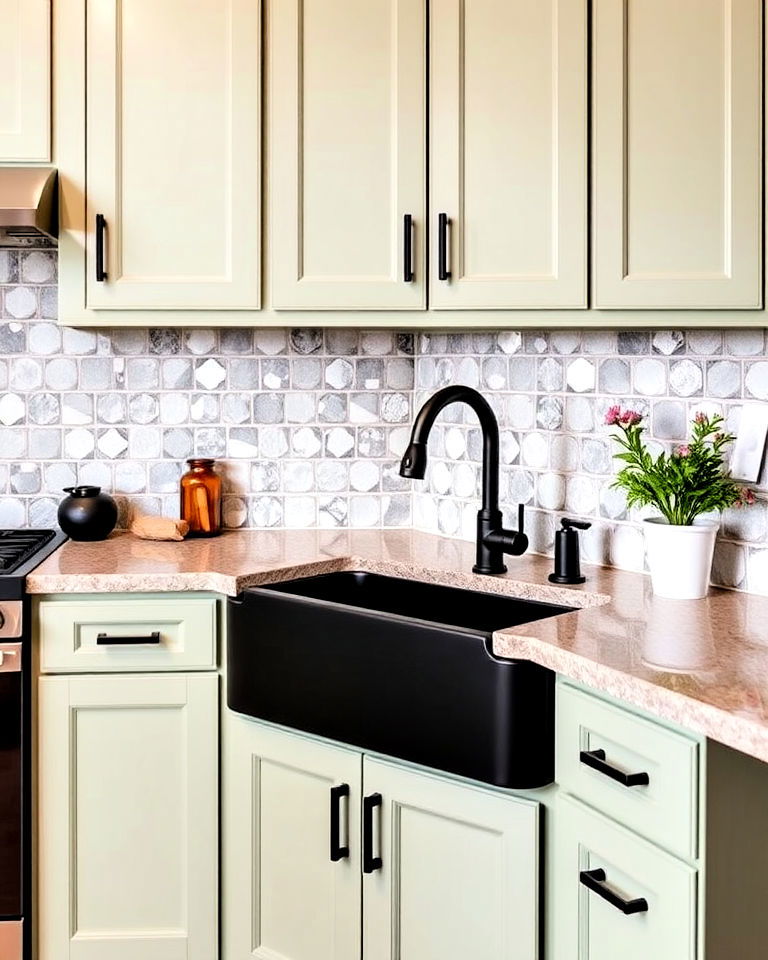 sage green kitchen cabinets with black sink and faucet